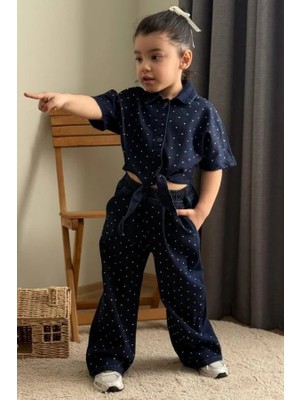 BoyBoy Kidswear Kız Çocuk Taş Işlemeli Denim Gömlek ve Pantolon Takım Lacivert