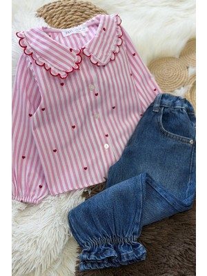 Noble Kids Kız Çocuk Kalp Nakışlı Bebe Yaka Gömlek ve Denim Pantolon Takım