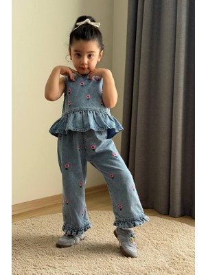BoyBoy Kidswear Kız Çocuk Çiçek Nakışlı Denim Bluz ve Pantolon Takım Mavi