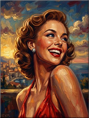 Bedeko Yağlı Boya Temalı Gülümseyen Retro Kadın Mdf Ahşap Tablo