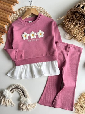 C&O Design Kız Çocuk Çiçekli Sweatshirt Tayt Takım Gül Kurusu