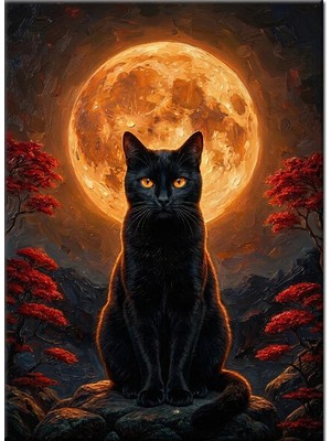 Bedeko Dolunay Önünde Siyah Kedi Portresi Mdf Ahşap Tablo