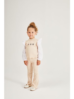 Noble Kids Kız Çocuk Çiçek Nakışlı Triko Takım Bej