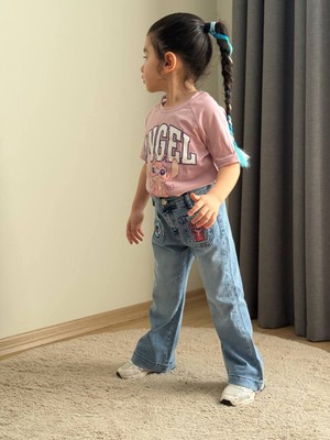 BoyBoy Kidswear Kız Çocuk Stitch Baskılı Tişört ve Denim Pantolon Takım Mavi