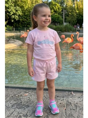Noble Kids Kız Çocuk Yazlık Logo Baskılı Tişört ve Şort Takım Pembe