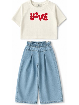 BoyBoy Kidswear Kız Çocuk Gofre Tişört ve Denim Pantolon Takım Mavi