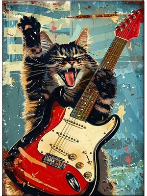Bedeko Elektro Gitar Çalan Çılgın Kedi Mdf Ahşap Tablo