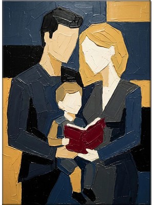 Bedeko Kitap Okuyan Aile Minimalist Çizim Mdf Ahşap Tablo