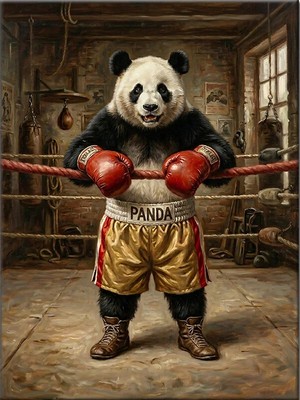Bedeko Boks Eldivenli Panda Ringin Içinde Mdf Ahşap Tablo