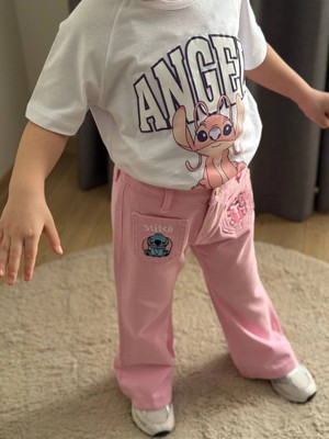 BoyBoy Kidswear Kız Çocuk Stitch Baskılı Tişört ve Denim Pantolon Takım Pembe