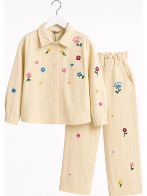 Jabber Kız Çocuk Çiçek Nakışlı Denim Ceket ve Pantolon Takım