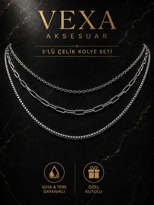 Vexa Aksesuar Trio No.1 Unisex 3'lü Kararmaz Çelik Kolye Seti Aristo Ataç Arpa Zincir Gümüş Renk
