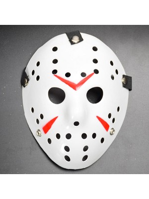Gees Global Beyaz Renk Kırmızı Çizgili Tam Yüz Hokey Jason Maskesi Hannibal Maskesi
