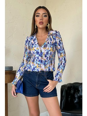 Moda Days Kadın Lila Çiçek Desenli Piliseli Gömlek Yaka Düğmeli Uzun Kollu Gömlek