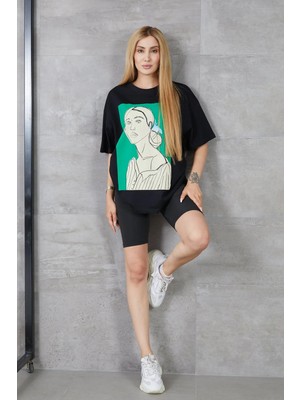 Vavis Kadın Silüet Baskılı Bisiklet Yaka Oversize T-Shirt