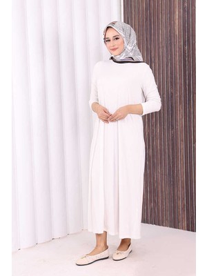 Bym Fashion Düz Bisklet Yaka Uzun Kol Iç Sandy Elbise 3202 Ekru
