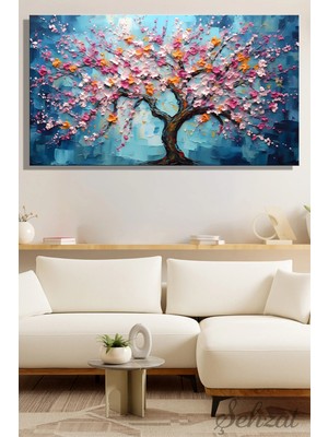 Şehzat Panoramik Yatay Kanvas Duvar Tablosu Salon Yatak Odası Ofis Pembe Çiçekli Bahar Ağacı Sakura 3D