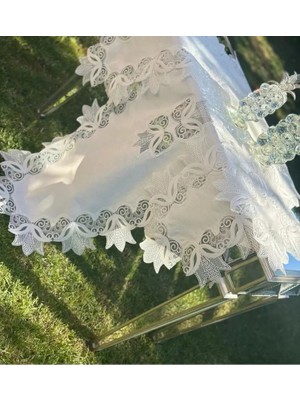 Ceki Home 5 Parça Kayla Model Krem-Krem Keten Dantelli Runner Seti Salon Takımı