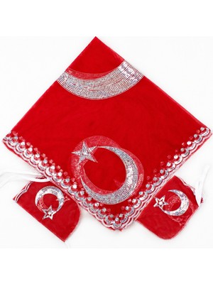 Beraye Damat Örtüsü, Kırmızı Damat Sağdıç Kına Gecesi Asker Omuz Örtüsü Şalı Eldivenli Pullu Ayyıldız Motifli