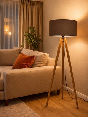 MenalArt Ağaç Tasarım Tripod Ahşap 3 Ayaklı Lambader Abajur Kumaş Başlık Köşe Aydınlatma