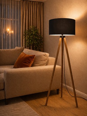 MenalArt Ağaç Tasarım Tripod Ahşap 3 Ayaklı Lambader Abajur Kumaş Başlık Köşe Aydınlatma