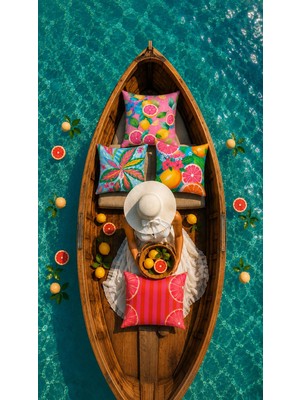 R'eyla R’eyla Shaddock Polmera 4’lü Dekoratif Kırlent Kılıfı Seti 45X45 cm – Tropikal Narenciye Desenli Mikro Petek Kumaş