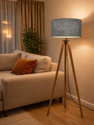 MenalArt Ağaç Tasarım Tripod Ahşap 3 Ayaklı Lambader Abajur Kumaş Başlık Köşe Aydınlatma