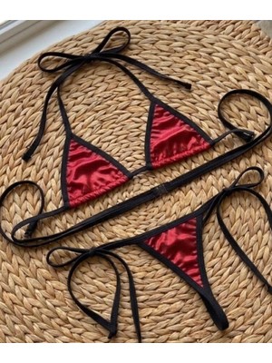 Allsisii Büyük Beden Fantezi Seksi Kırmızı Üçgen Kesim Sütyen String Takım