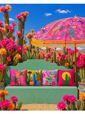R'eyla R’eyla Cactus 4’lü Dekoratif Kırlent Kılıfı Seti – 45X45 cm Mikro Petek Kumaş Dijital Baskı
