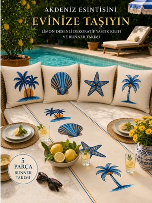 R'eyla R’eyla Costa Bianca 5 Parça Dekoratif Kırlent ve Runner Seti – 4 Adet 45X45 cm Kırlent Kılıfı + 50X150 cm Runner