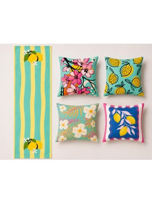 R'eyla R’eyla Fiore Di Limone 5 Parça Dekoratif Kırlent ve Runner Seti – 4 Adet 45X45 cm Kırlent Kılıfı + 50X150 cm Runner