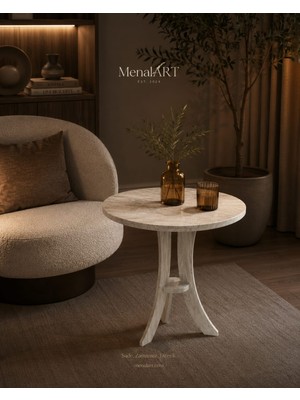Menalart Ağaç Tasarım Fiskos Traverten Yan Sehpa Mdf Ayak 50 cm / Çap - 60 cm Yükseklik Modern Zigon Yan Sehpa Traverten