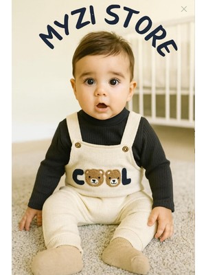 Myzi Store Bebek Erkek 2'li Tulum Takımı - Üst Giyim ve Ayı Nakışlı Salopet Bej 18-24 Ay