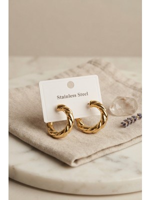MiraLive 316L Çelik Gold Renk Vintage Kıvrımlı Halka Model Küpe