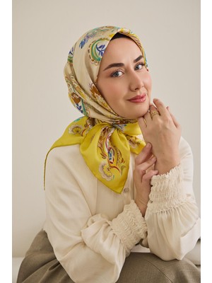Silk Home Twill Ipek Eşarp Şal Desen Sarı 90X90