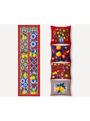 R'eyla R’eyla Rosso Amalfi Runner 50X150 cm – Limon ve Italyan Seramik Desenli Mikro Petek Kumaş Dijital Baskı