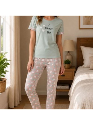 Evrenial Kadın Pamuklu Penye Baskılı Kısa Kollu Bisiklet Yaka Ekose Desenli Pijama Takımı