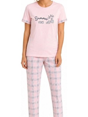 Evrenial Kadın Pamuklu Penye Baskılı Kısa Kollu Bisiklet Yaka Ekose Desenli Pijama Takımı