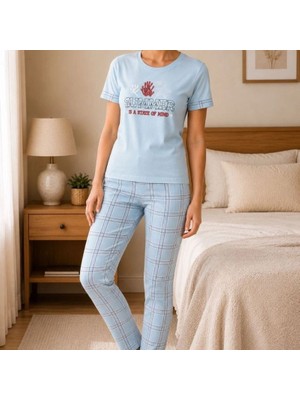 Evrenial Kadın Pamuklu Penye Baskılı Kısa Kollu Bisiklet Yaka Ekose Desenli Pijama Takımı