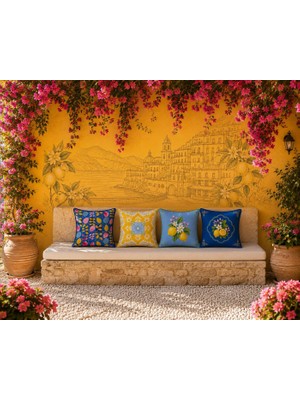 R'eyla R’eyla Sorrento 4’lü Dekoratif Kırlent Kılıfı Seti 45X45 cm – Limon ve Akdeniz Desenli Mikro Petek Kumaş