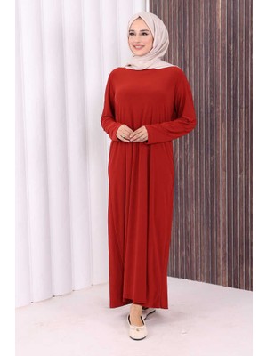Bym Fashion Düz Bisklet Yaka Uzun Kol Iç Sandy Elbise 3202 Kiremit