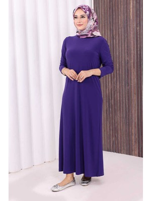 Bym Fashion Düz Bisklet Yaka Uzun Kol Iç Sandy Elbise 3202 Mor