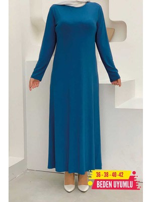Bym Fashion Düz Bisklet Yaka Uzun Kol Iç Sandy Elbise 3202 Indigo