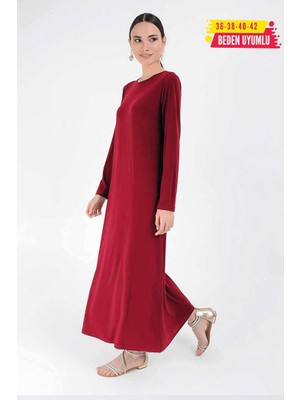 Bym Fashion Düz Bisklet Yaka Uzun Kol Iç Sandy Elbise 3202 Kırmızı