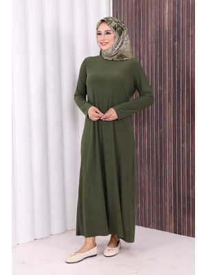 Bym Fashion Düz Bisklet Yaka Uzun Kol Iç Sandy Elbise 3202 Haki