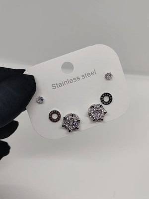 Cadde Dükkanı 6lı ( 3 Çift ) Büyük Taşlı Silver Çelik Küpe