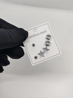 Cadde Dükkanı 6lı ( 3 Çift ) Yıldızlı Işaretli Silver Çelik Küpe