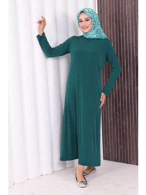 Bym Fashion Düz Bisklet Yaka Uzun Kol Iç Sandy Elbise 3202 Zümrüt
