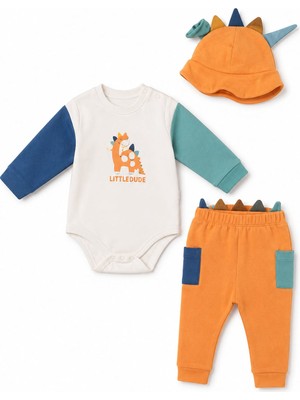 Lino Baby Turuncu Dinozor Baskılı Şapkalı Erkek Bebek 3'lü Takım