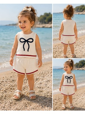 Lino Baby Ekru Kırmızı Biyeli Kız Bebek ve Çocuk 2'li Alt Üst Takım